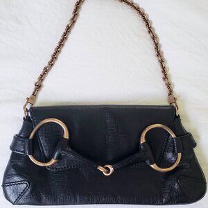 Vintage Gucci Horsebit Black Leather Chain Clutch Purse